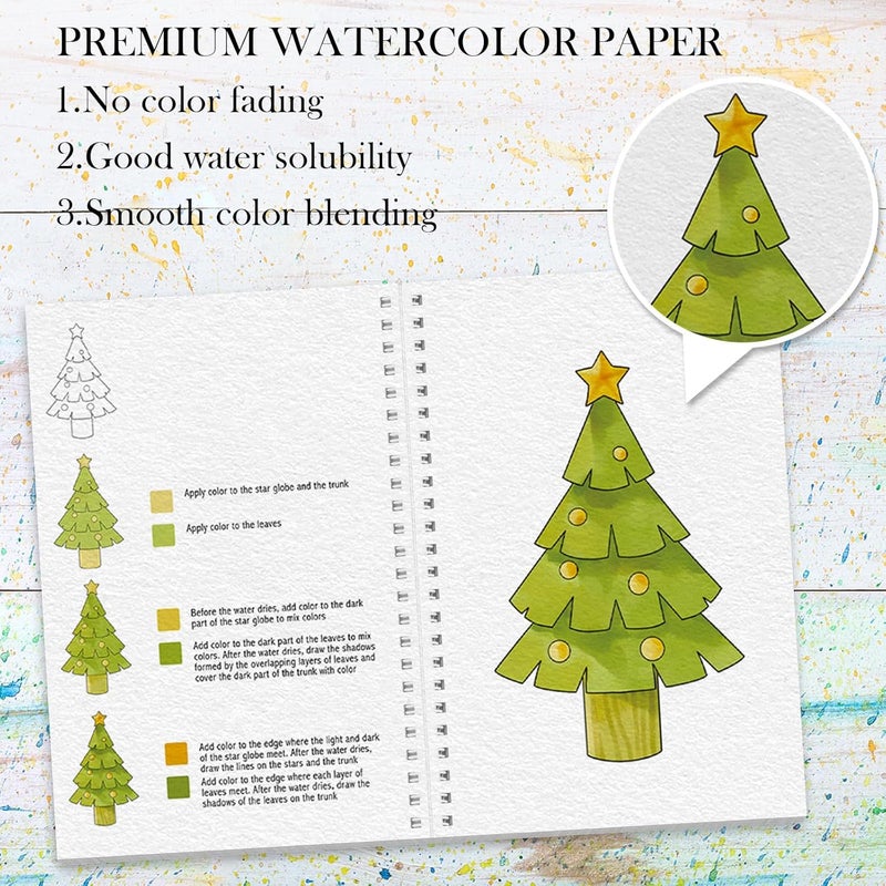 ADEVIAN Watercolor Workbook, Watercolor Workbook Paint Book Beginner Friendly, 12 Different Patterns Stress-Relieving Art Crafts for Creative Exploration Gift for Women Adults Teens (Christmas, 1) - Image 3
